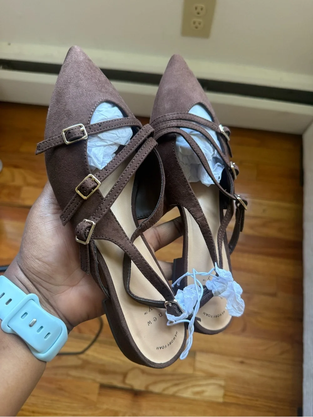 a new day Brown Suede Pointed-Toe Strappy Flats